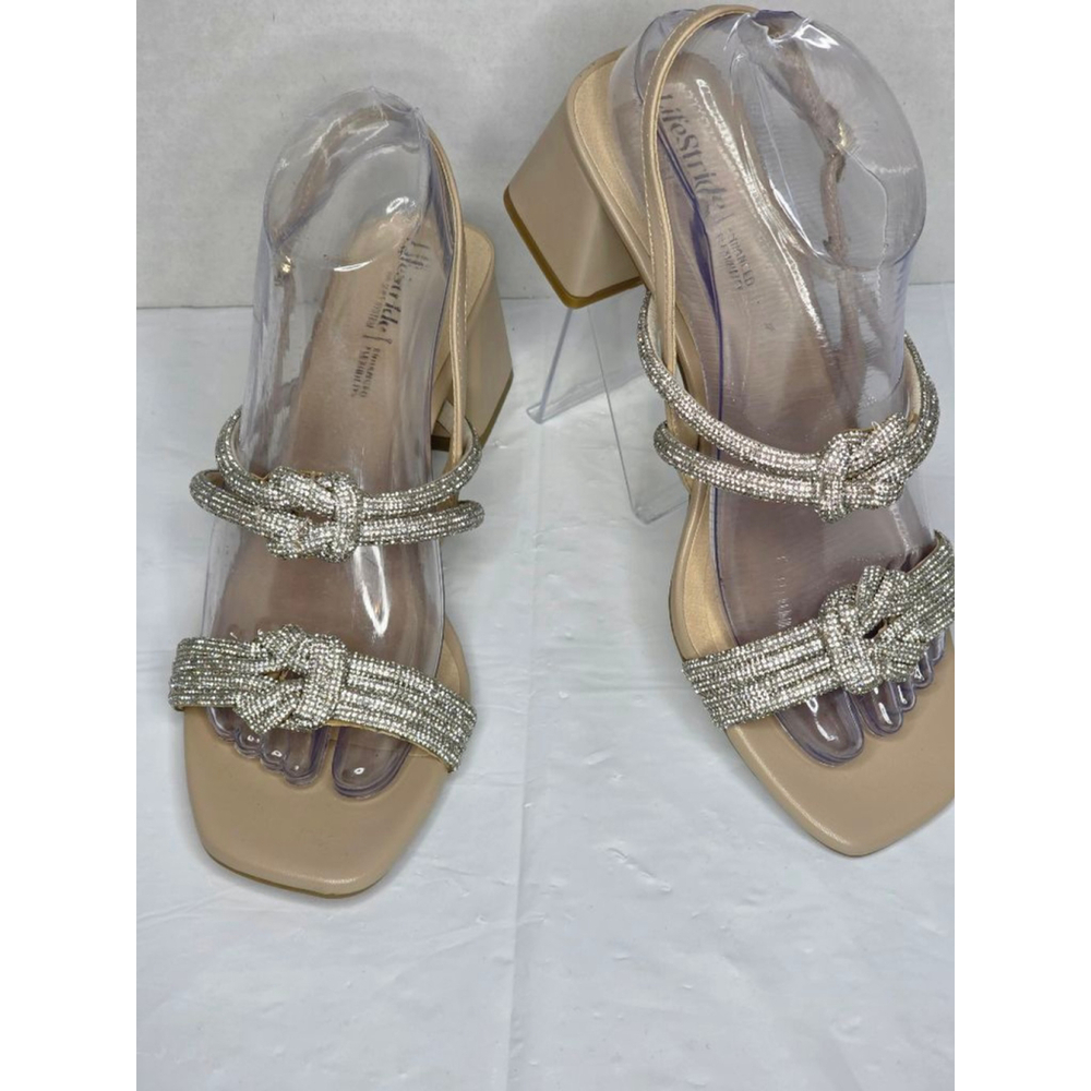 LifeStride Celeste Beige Silver Rhinestone Block Heel Sandals Women’s Size 8M - Picture 2 of 10